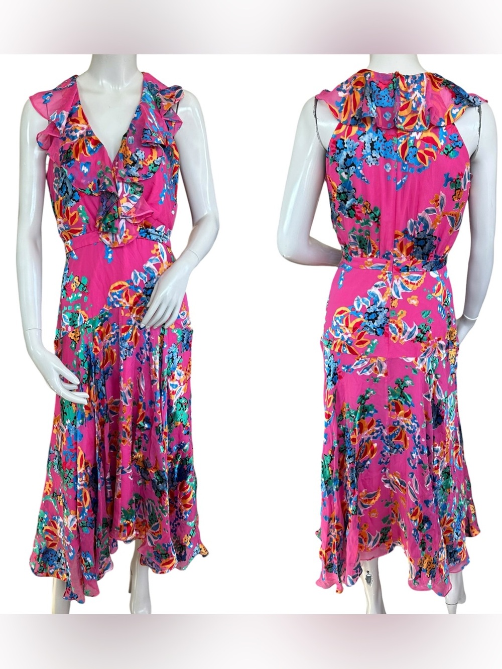 Revolve Saloni Rita Ruffled Colorful Tiered Silk MIDI Dress Pink Begonia Size 6